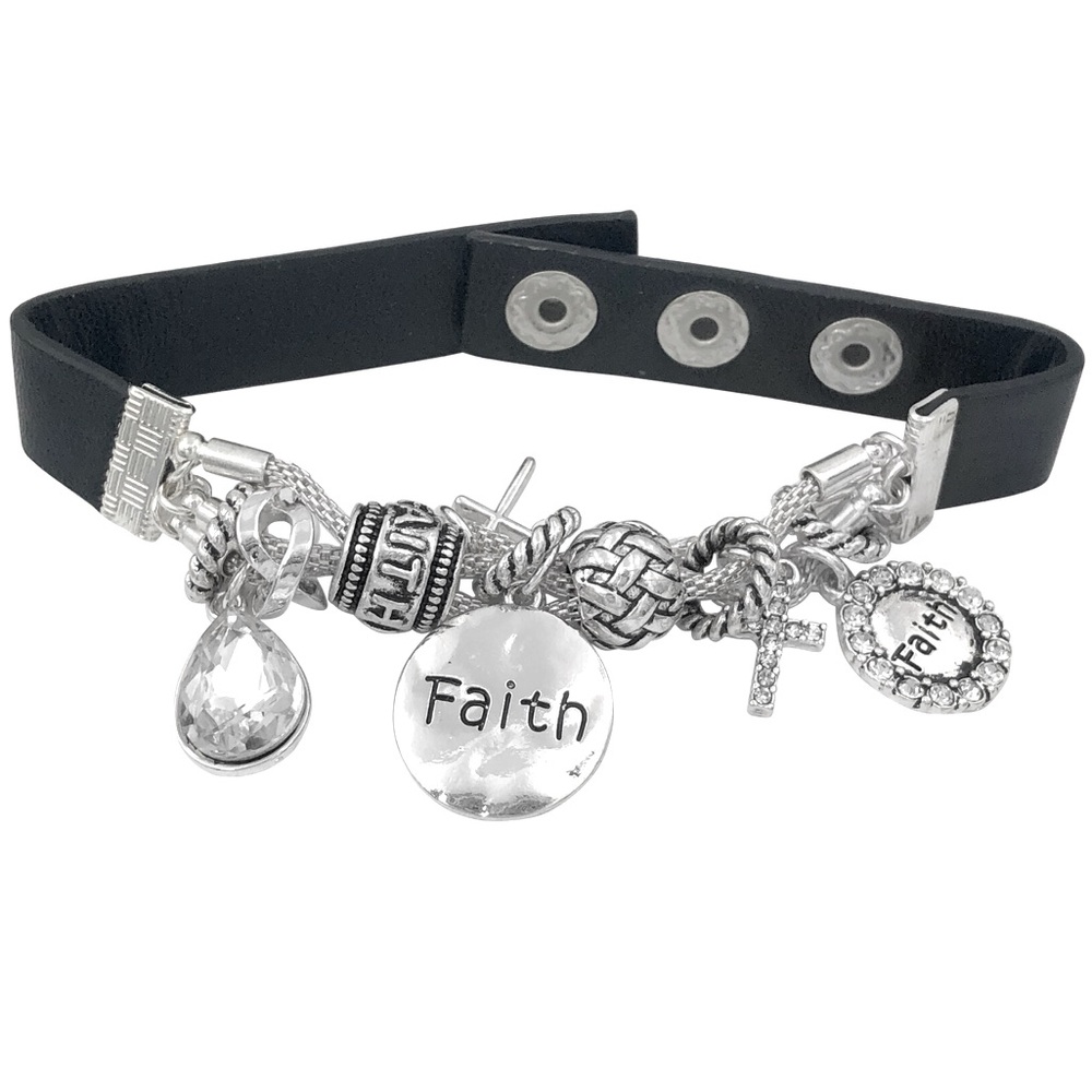 FAITH Religious Slide Charm Faux Leather Strap Bracelet
